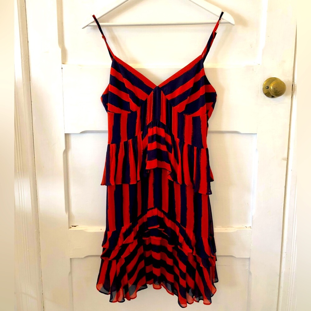 SASS & BIDE Palais Royale Red Navy Blue Stripe Ruffle Hem Cami Mini Dress - Picture 7 of 9
